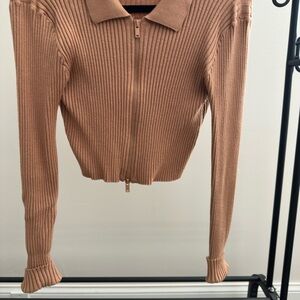 Ribbed Tan Zip-Up Sweater